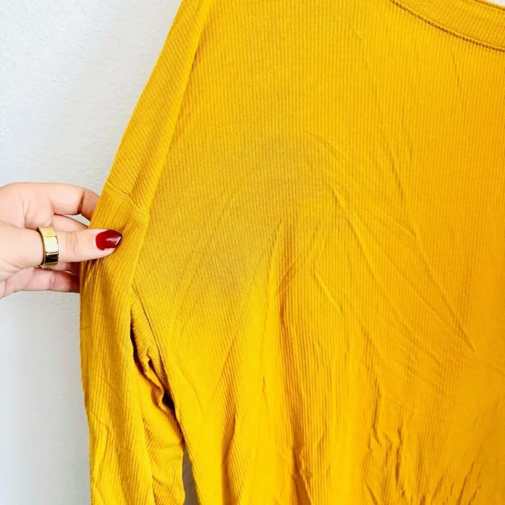 FP FREE PEOPLE Gold Mustard Ruffle Knit Open Back Balloon Sleeve Blouse Top XS